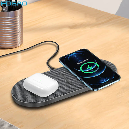 Cargador inalámbrico rápido dual 2 en 1 para iPhone 8, X, XR, XS, 14, 13, 12 y 11 Max. Samsung S21 y S20. Carga por inducción para Airpods 3 Pro.
