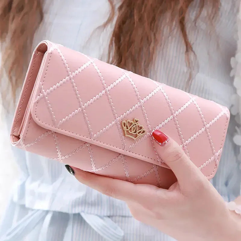 🖤 Stylish Long PU Leather Wallet for Women Diamond Pattern | Card Holder | Crown Buckle | Phone Bag | Fashion Clutch ✨