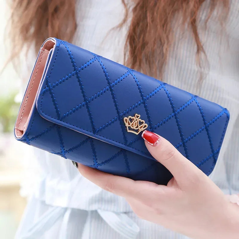 🖤 Stylish Long PU Leather Wallet for Women Diamond Pattern | Card Holder | Crown Buckle | Phone Bag | Fashion Clutch ✨