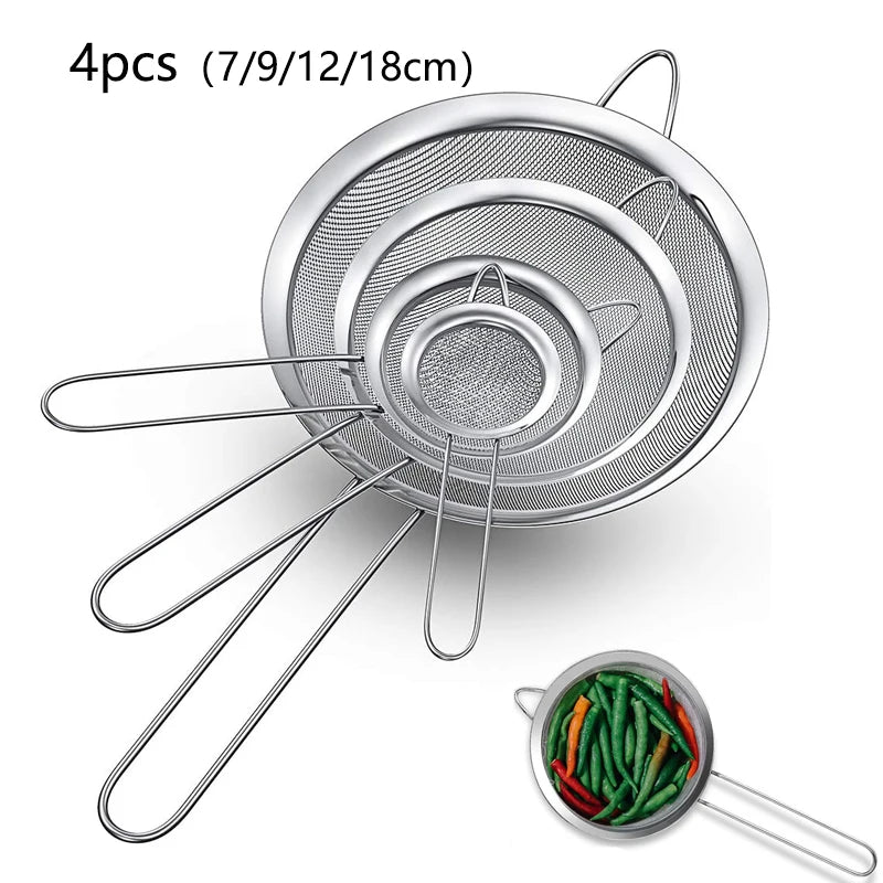 1/3/4Pcs/Set Stainless Steel Wire Fine Mesh Oil Strainer Flour Colander Sieve Sifter Pastry Baking Tools Kitchen Accessories