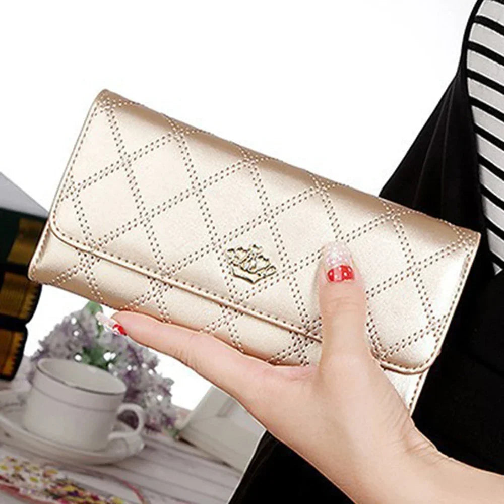 🖤 Stylish Long PU Leather Wallet for Women Diamond Pattern | Card Holder | Crown Buckle | Phone Bag | Fashion Clutch ✨