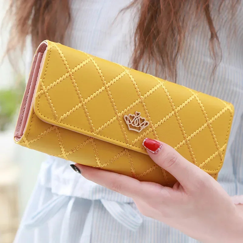 🖤 Stylish Long PU Leather Wallet for Women Diamond Pattern | Card Holder | Crown Buckle | Phone Bag | Fashion Clutch ✨