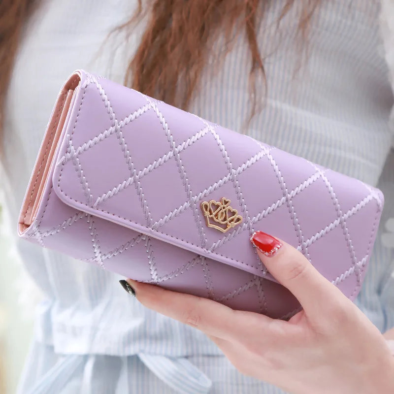 🖤 Stylish Long PU Leather Wallet for Women Diamond Pattern | Card Holder | Crown Buckle | Phone Bag | Fashion Clutch ✨