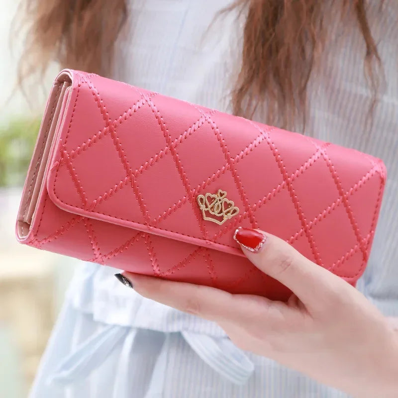 🖤 Stylish Long PU Leather Wallet for Women Diamond Pattern | Card Holder | Crown Buckle | Phone Bag | Fashion Clutch ✨