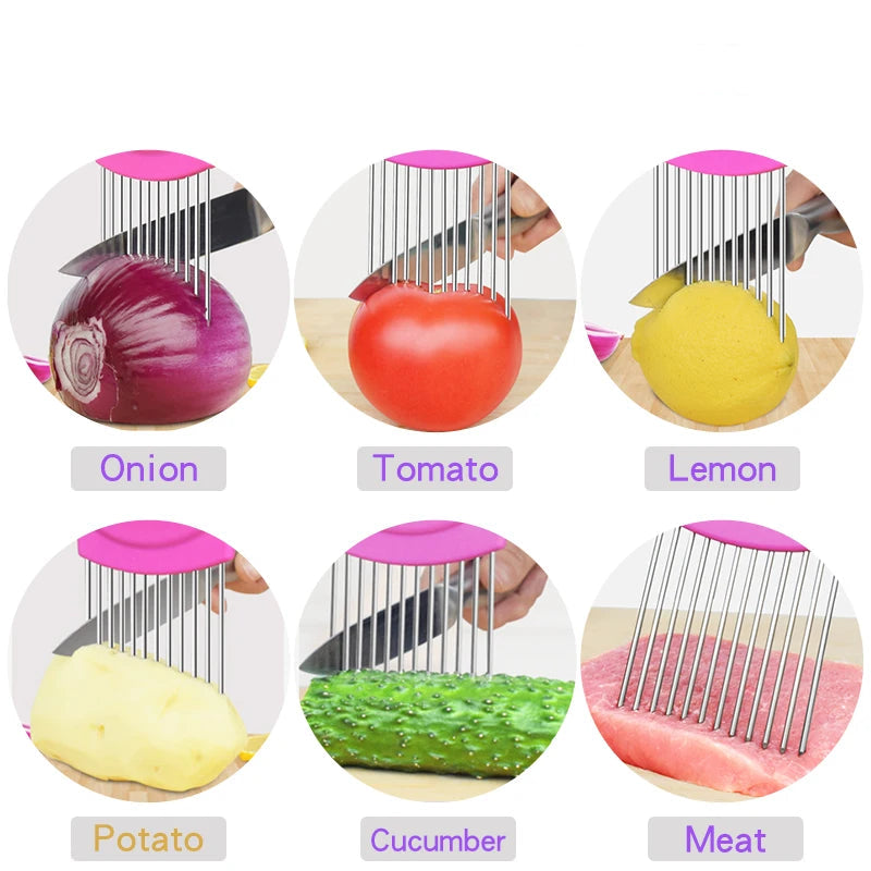 Stainless Steel Onion Cutter Holder Food Slicers Assistant Tomato Onion Slicer Holder Vegetables Cutting Fork Kitchen Gadgets