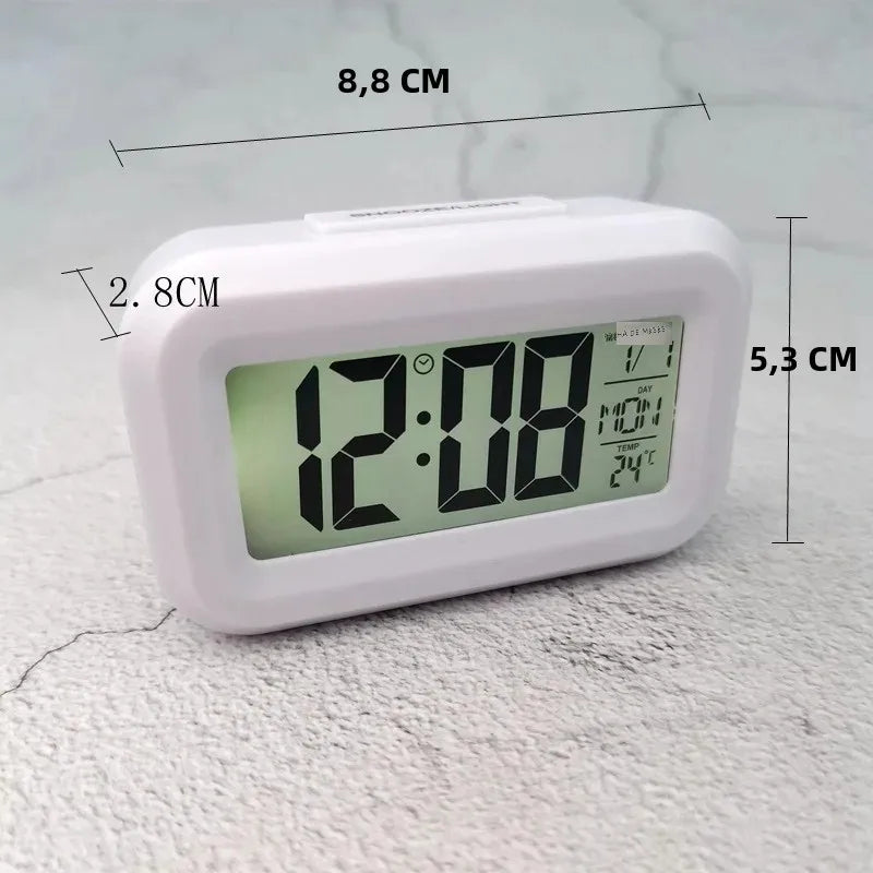 Battery Powered Mini Digital Alarm Clock Temperature Date Week Backlight Snooze Mute Table Clock 12/24H Countdown LCD Clock