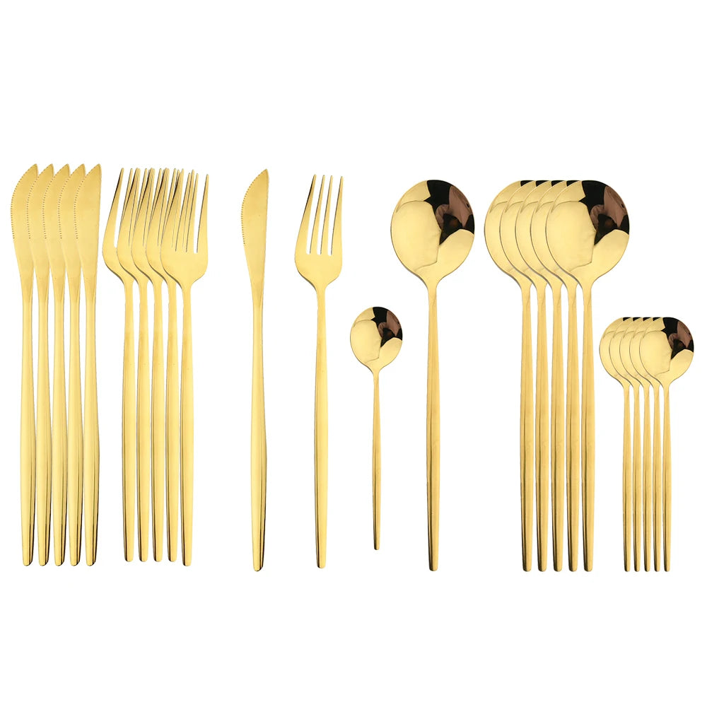 24Pcs Black Handle Golden Cutlery Set Stainless Steel Knife Fork Spoon Tableware Flatware Set Festival Kitchen Dinnerware Gift