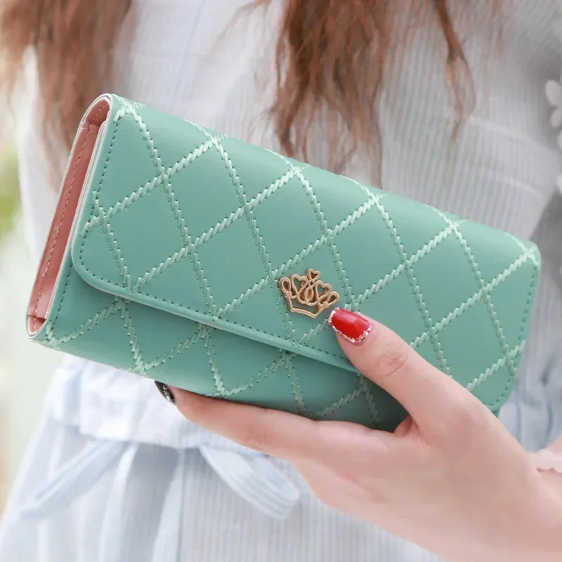 🖤 Stylish Long PU Leather Wallet for Women Diamond Pattern | Card Holder | Crown Buckle | Phone Bag | Fashion Clutch ✨