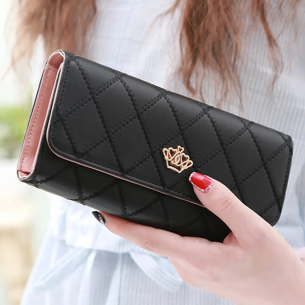 🖤 Stylish Long PU Leather Wallet for Women Diamond Pattern | Card Holder | Crown Buckle | Phone Bag | Fashion Clutch ✨